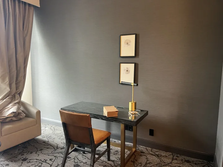 Guestroom desk, chair, task lighting and wall art at Lafayette Park Hotel & Spa, Lafayette, California