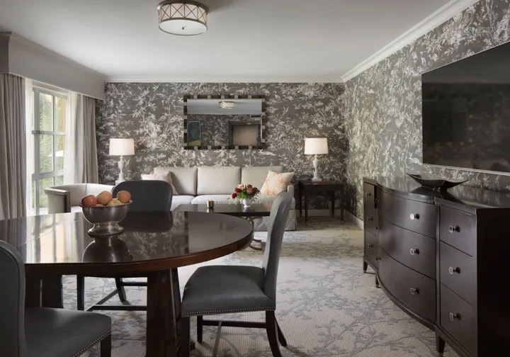 Suite dining table, upholstered chairs, dresser and lounge at Lafayette Park Hotel & Spa, Lafayette, California